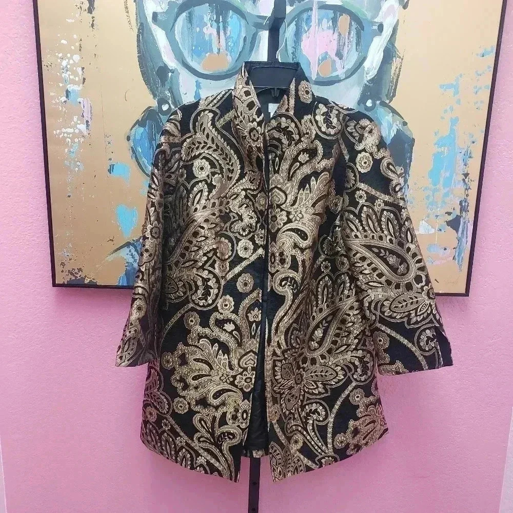 Chico's Baroque Gold/Black Embroidered Open Jacket